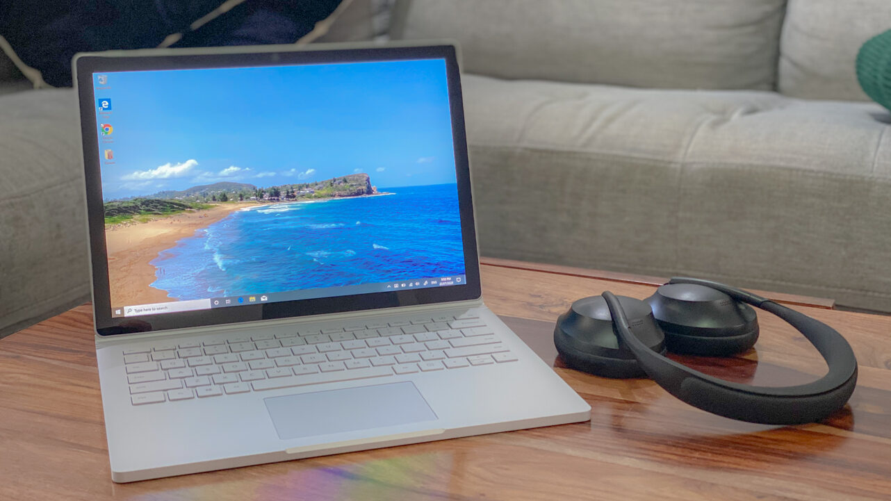 Microsoft Surface Laptop 3 with keyboard base on coffee table
