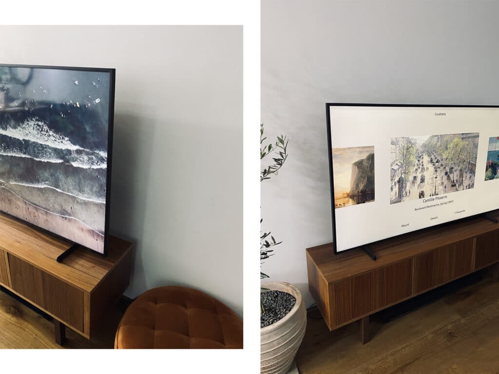 Side by side image of the Samsung Frame 2021 TV in Art Mode with settings displayed