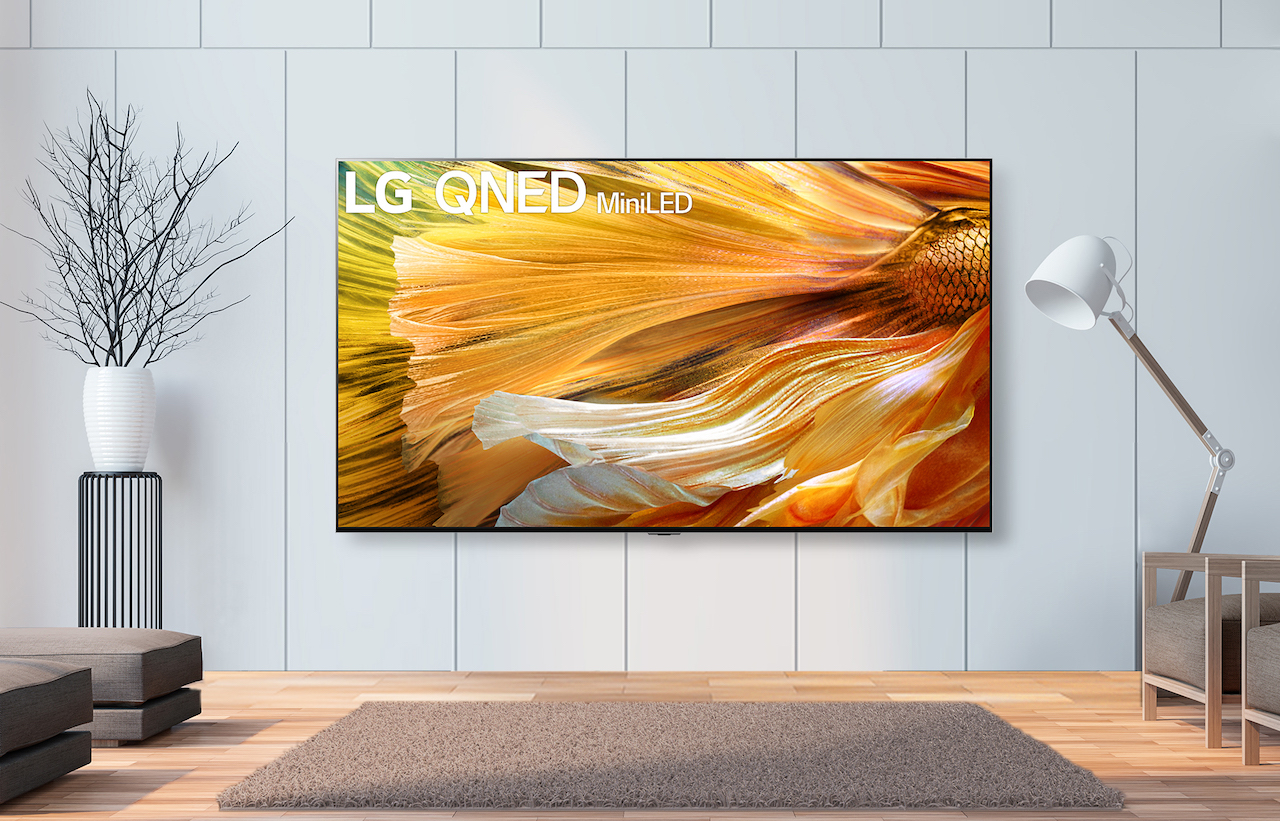 LG QNED TV mounted in a lounge room